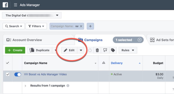 Facebook ThruPlay-optimalisatie voor het bewerken van campagnes in 10 seconden, stap 1.