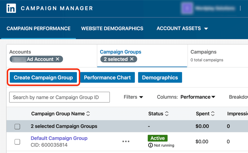 dashboard van linkedin-campagnebeheerder met de knop voor het maken van campagnegroep gemarkeerd