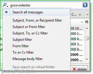 een afbeelding van het zoekvak en filters in Thunderbird 3