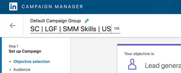 screenshot van LinkedIn-campagnenaam bewerkt om 'SC | LGF | SMM-vaardigheden | ONS'
