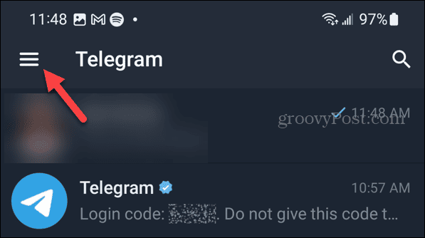 Menuknop op Telegram op Android