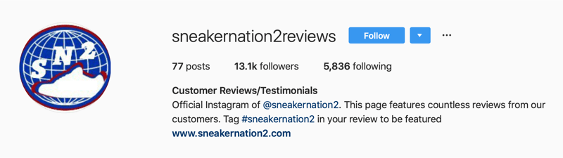 secundair Instagram-account voor SneakerNation2-recensies
