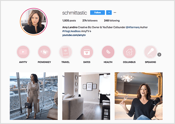 Het Instagram-profiel van Amy Landino gebruikt het handvat schmittastic. Haar Instagram-profiel toont Highlight-categorieën voor AmyTV, Picmonkey, Travel, Dates, Health, Columbus en Speaking. De foto's tonen foto's van Amy.