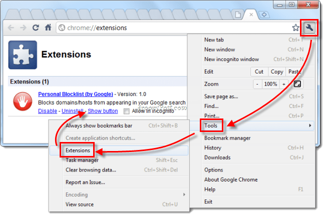 Google Chrome beheert extensies retourneren rode knop