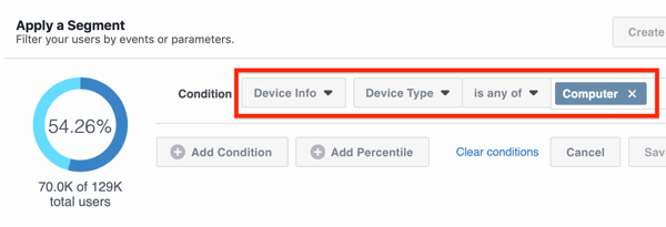 Conditie-opties om het deel van uw publiek op Facebook-desktop te zien.
