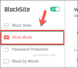 Het tabblad BlockSite Work Mode