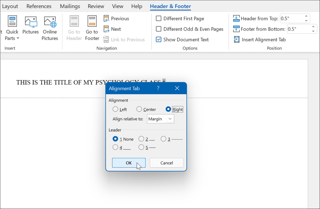 tabblad uitlijning rechts opmaken apa-stijl in microsoft word