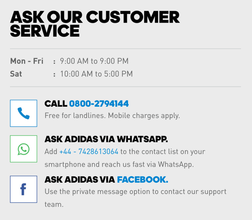 Naast een telefoonnummer heeft Adidas ook WhatsApp- en Facebook Messenger-links voor klantenservice.