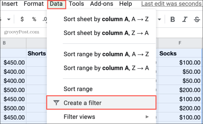 Maak een filter in Google Spreadsheets