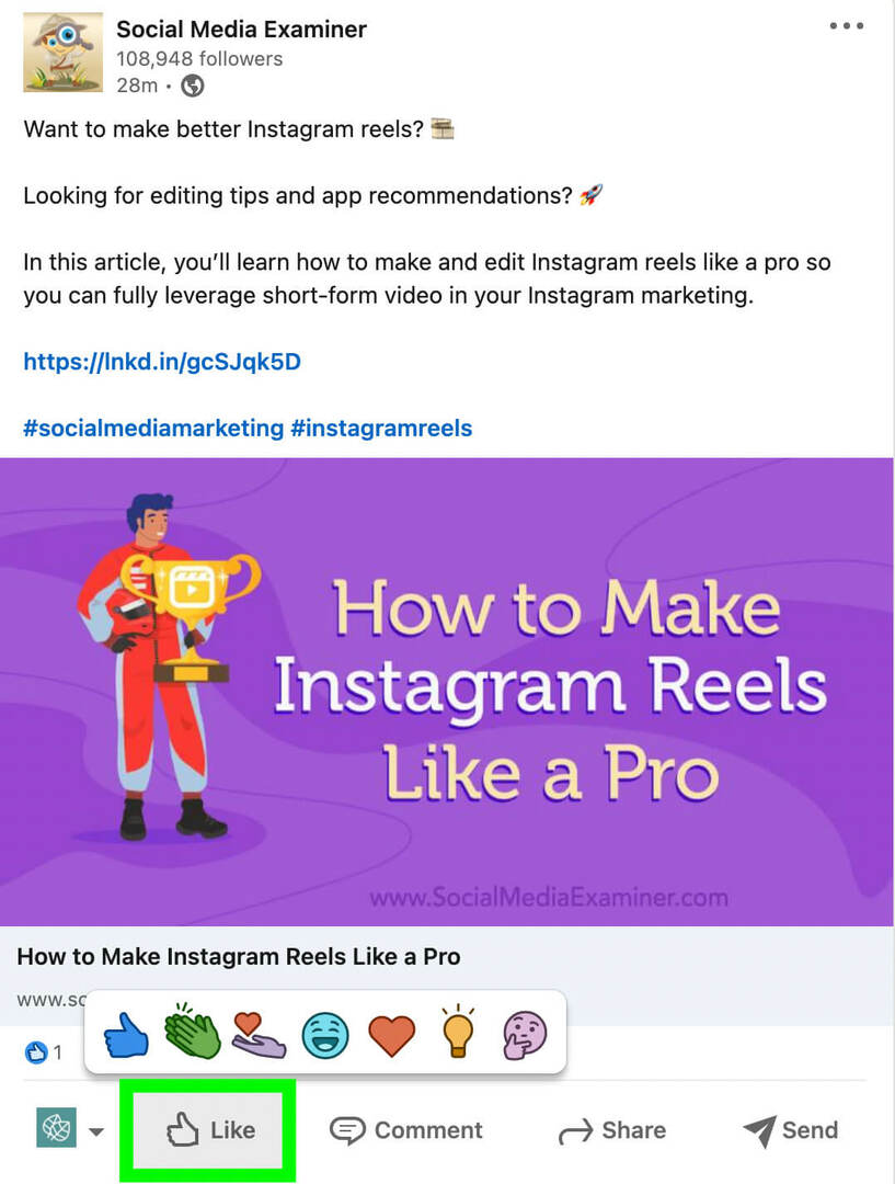 linkedin-company-page-engagement-features-hoe-te-reageren op content-als-pagina-like-button-social-media-examiner-step-2