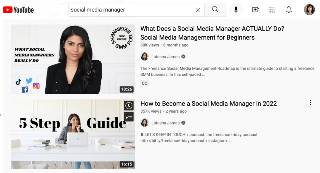 afbeelding van YouTube-zoekresultaten voor " social media manager"