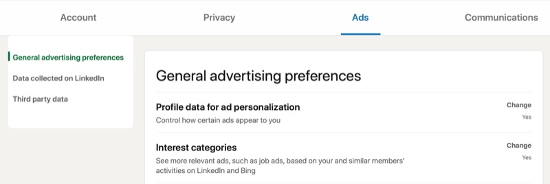 LinkedIn-menu accountinstellingen voor algemene advertentievoorkeuren