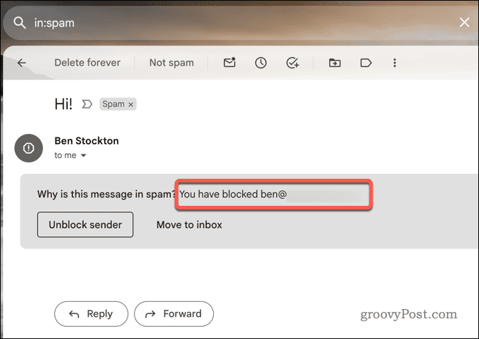 Voorbeeld van een geblokkeerde e-mail in Gmail