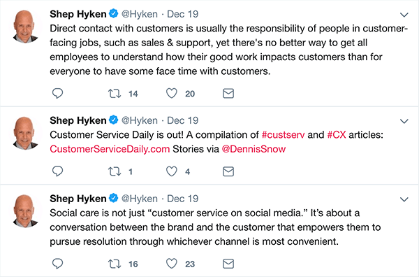 Dit is een screenshot van drie tweets die Shep Hyken maakte over klantenservice.