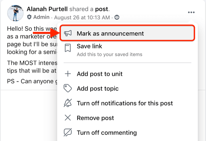 menuoptie Facebook-groepspost om een ​​specifiek bericht als aankondiging te markeren