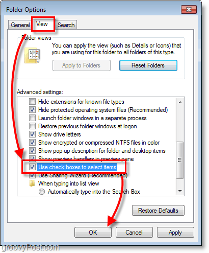 Schermafbeelding van Windows 7 - weergave van mapopties en selectievakjes om items te selecteren
