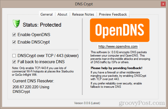 DNS Crypt-configuratiescherm