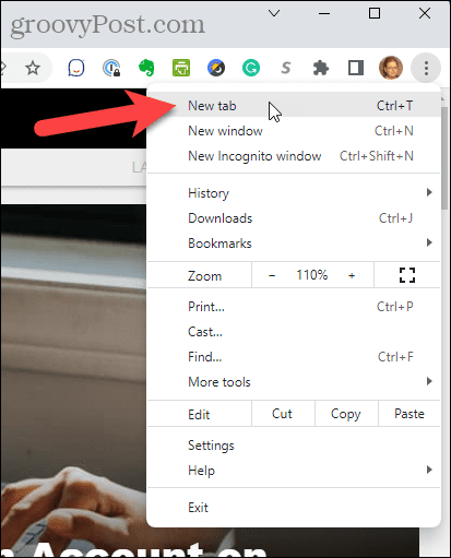 Selecteer Nieuw tabblad in het Chrome-menu