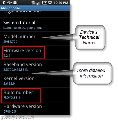 Android-firmware en buildnummer, ook modelnummer