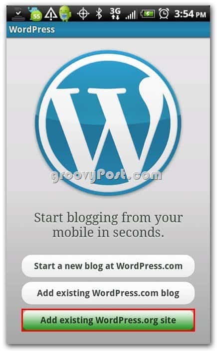 Wordpress op Android Setup Menu - Voeg bestaande website toe