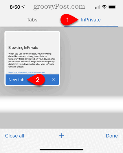 Tik op InPrivate en tik vervolgens op Nieuw tabblad in Edge voor iOS