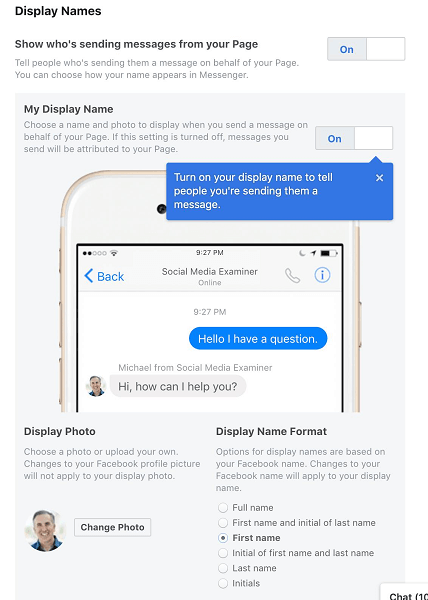 Facebook staat paginabeheerders toe om hun weergavenaam te selecteren wanneer ze Messenger gebruiken namens hun pagina of bedrijf.
