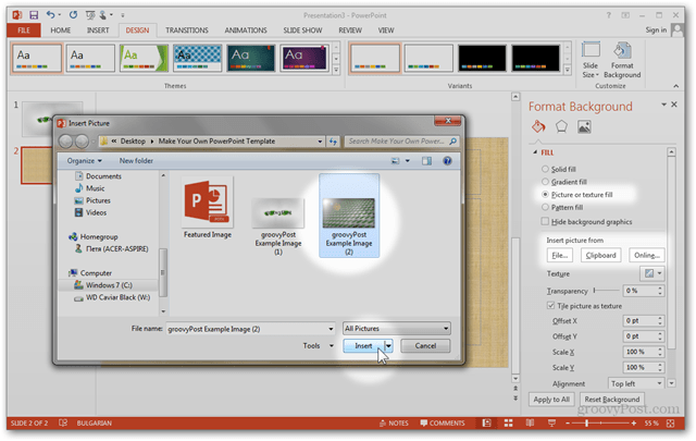 Office 2013-sjabloon Maken Aangepast ontwerp maken POTX Dia's aanpassen Zelfstudie Achtergrondafbeelding op maat importeren Afbeelding importeren