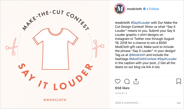 ModCloth vroeg Instagram-gebruikers om hun eigen ontwerpen te delen in originele posts en bood een genereuze incentive (in verhouding tot de opdracht): de kans om een ​​cadeaubon van $ 500 te winnen.