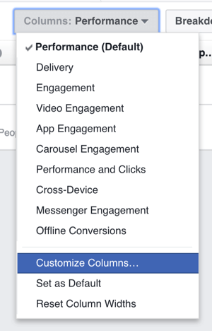 U kunt de kolommen aanpassen die worden weergegeven in de tabel met resultaten van uw Facebook-advertenties.