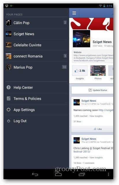 Facebook-pagina's voor Android-selectiepagina