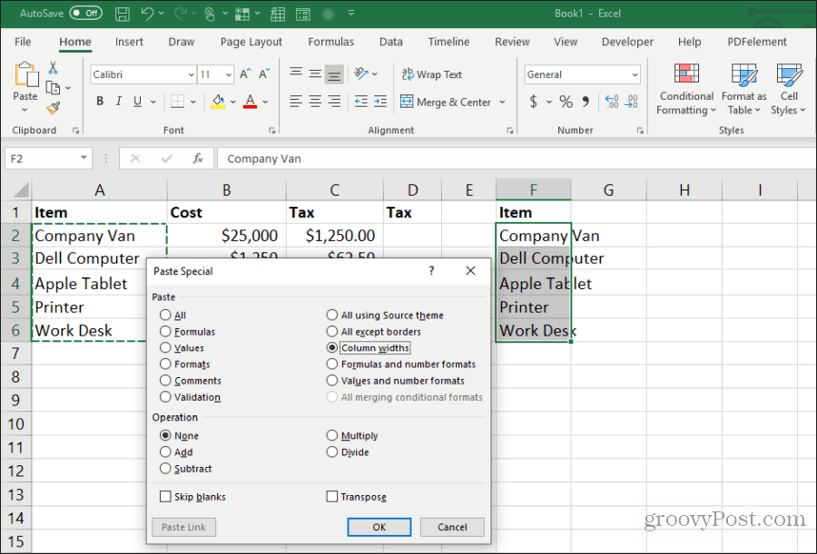 kolombreedten plakken in Excel