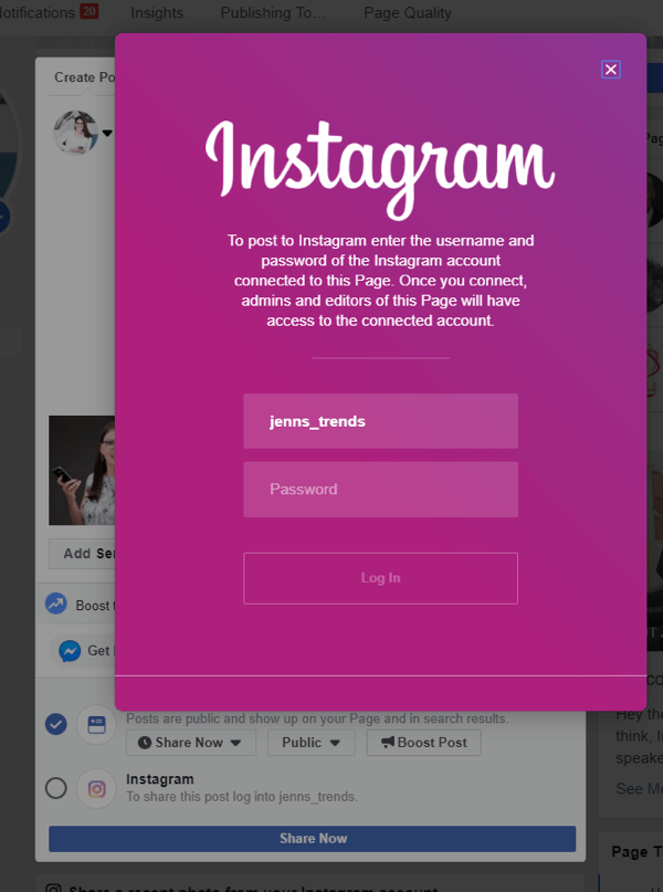 Cross-posten naar Instagram vanaf Facebook op desktop, stap 4, log in op Instagram