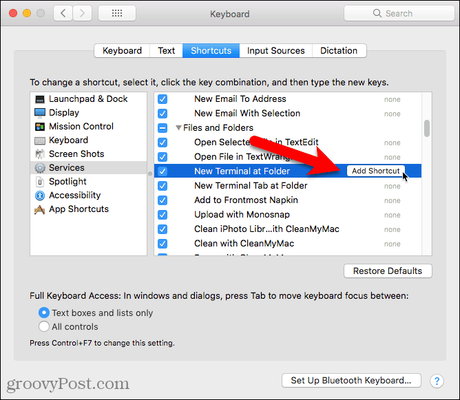 Klik op Snelkoppeling toevoegen voor de New Terminal at Folder-service op een Mac