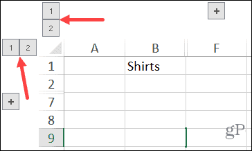 Gegroepeerde kolommen en rijen Cijfertoetsen in Excel op Windows