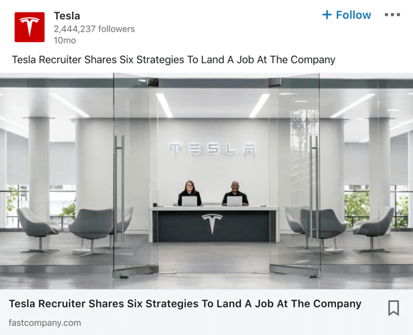 Voorbeeld van een bericht op een Tesla LinkedIn-bedrijfspagina.