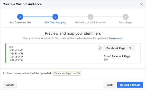 Wanneer u uw Messenger bot-abonneelijst importeert om een ​​aangepast publiek te maken, wijst Facebook hun Facebook-gebruikers-ID-nummer toe, dat is gekoppeld aan hun profiel.