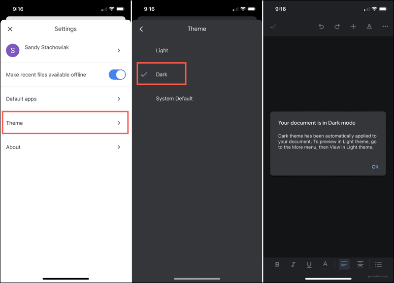 Schakel de donkere modus in Google Documenten op iPhone in