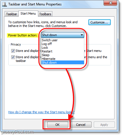 verander de actie van de aan / uit-knop van het startmenu in Windows 7