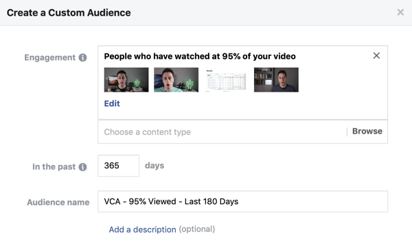 Opties instellen om een ​​aangepast Facebook-publiek te maken van mensen die een video op Facebook of Instagram bekijken.