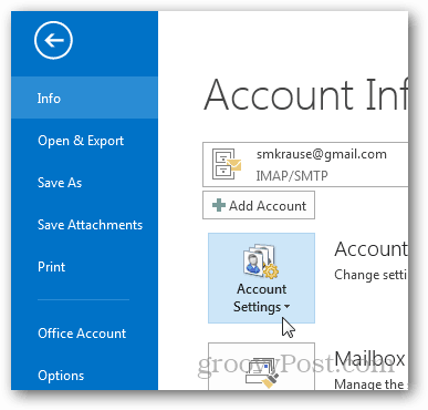 hoe een pst-bestand voor Outlook 2013 te maken - klik op accountinstellingen