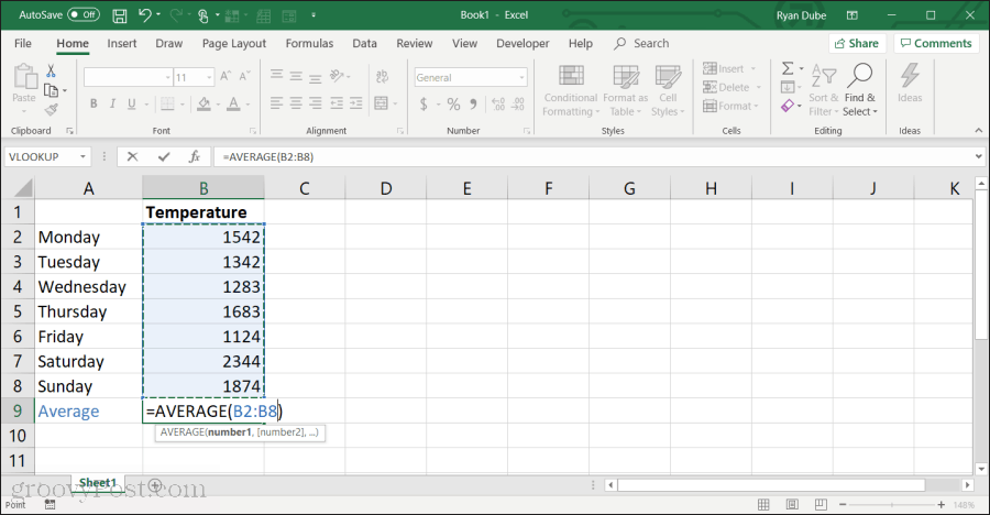 met behulp van de gemiddelde functie in Excel