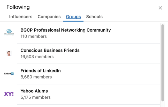 LinkedIn-profiel uitgebreid Interesses-vak met het tabblad Groep geselecteerd