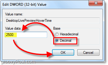 pas de dword-eigenschappen aan naar Decimaal en waarde gegevens naar 2500 voor windows 7 DesktopLivePreviewHoverTime
