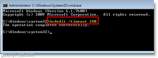 Schermafbeelding van Windows 7 - voer bcdedit / timeout 180 in de cmd in