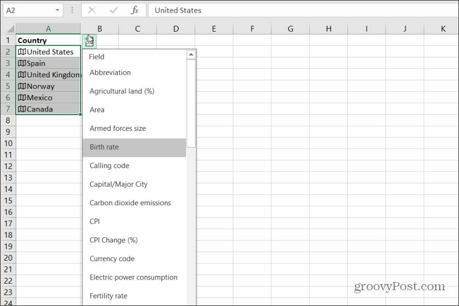 het kiezen van landgeografische gegevens in Excel