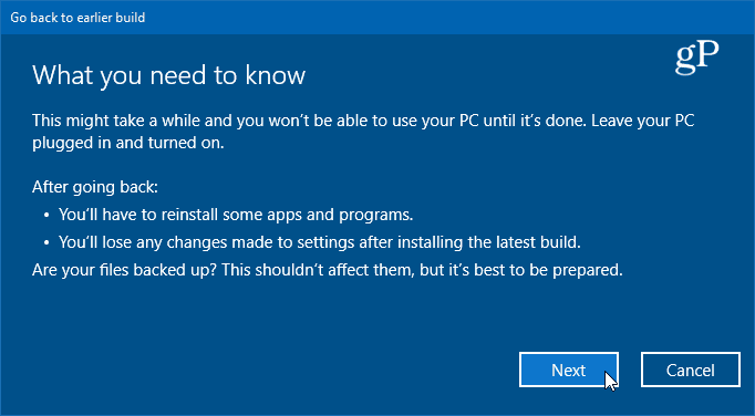 details over het terugdraaien naar de vorige versie van Windows 10