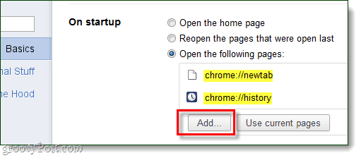 Chrome opstarten Voeg pagina's toe om te openen