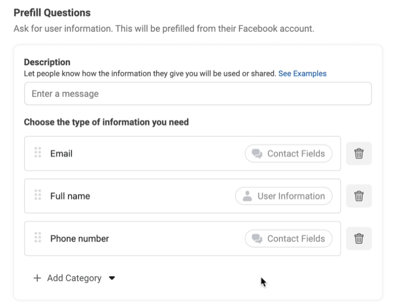Facebook-leadadvertenties maken een nieuwe leadformulieroptie om vooraf ingevulde vragen toe te voegen met gebruikte voorbeelden van e-mail, volledige naam en telefoonnummer