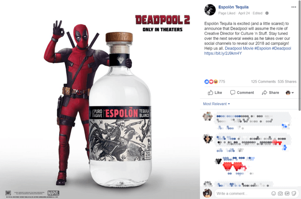 De vroege buzz van de overname van Deadpool deed mensen praten over het merk Espolòn en het deelden.