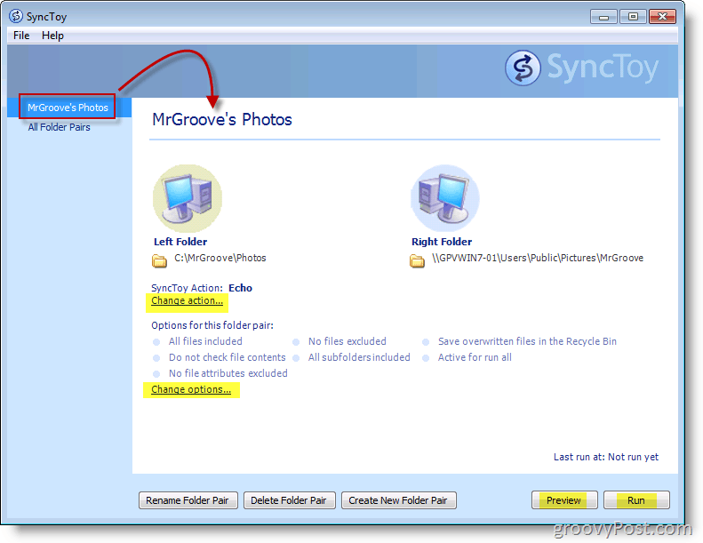 Screenshot van het hoofdmenu van Microsoft SyncToy
